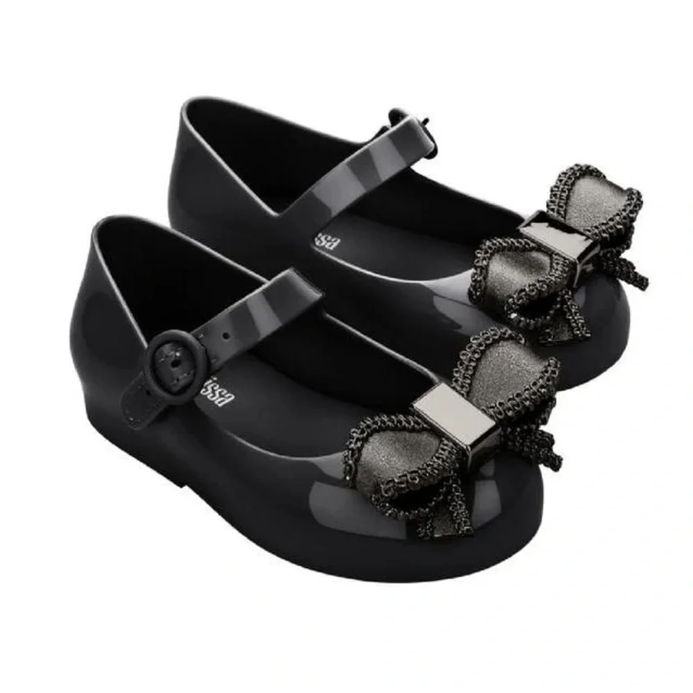 MINI MELISSA BLACK GRAY SILVER BOW SWEET LOVE IV MARY JANE SHOES - Picture 1 of 7